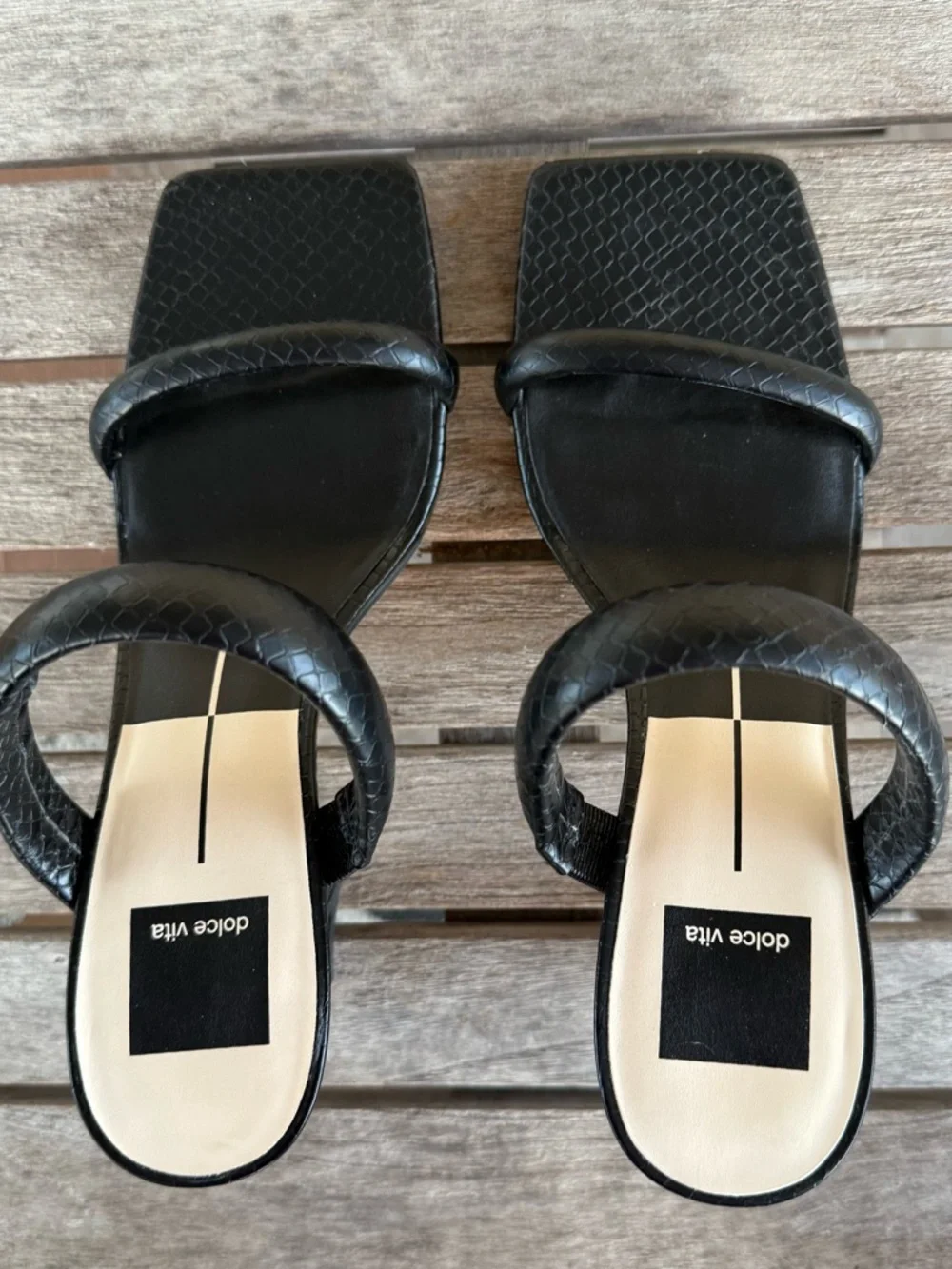 Dolce Vita Black Croc Embossed Square Toe Heeled Sandals Size 7.5 - Picture 5 of 9